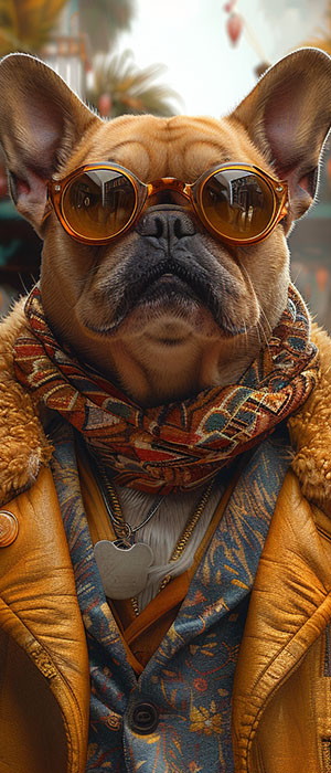 DESCRIBING: A square color photograph DESCRIPTION: The Upton 'Dog is a chocolate lab, with floppy ears, shown from the shoulders up, looking straight at the viewer. He looks like he might be a blue-collar worker of some type, who might be coming out of a mine or other type of factory setting, wearing a heavy coat, mustard in color, an orange scarf, and a military green cap pulled down low.