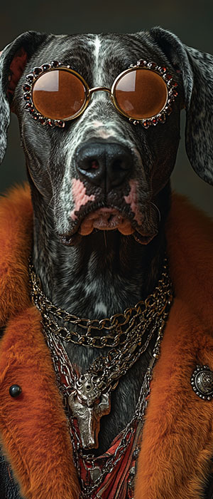 DESCRIBING: A square color photograph DESCRIPTION: Peritas, an anthropomorphized Doberman, is looking straight at the camera in a tight close-up that shows just the top of his shoulders and the bottom third of his pointy ears. He is wearing a black leather jacket with the collar turned up. The collar is a brownish sheepskin on the inside. He also is wearing a thick silver necklace with a large medallion in the center as well as sunglasses propped up onto his forehead.