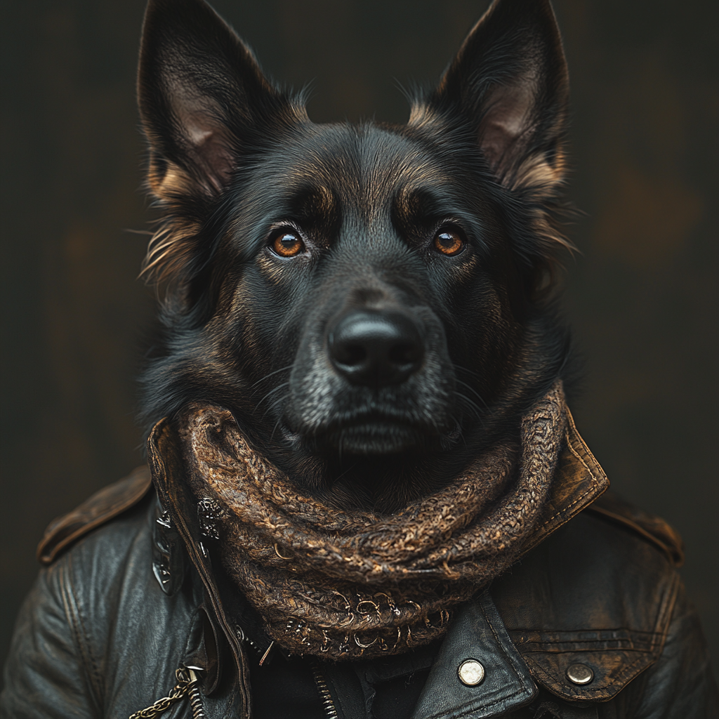 DESCRIBING: A square color photograph
DESCRIPTION: A mostly black anthropomorphized German Shepherd, Rinty, is facing the camera and shown from the shoulders up. He's wearing a stylish black leather jacket and brown-specked scarf around his neck. His ears are fully upright and with the open part pointed at the camera, listening for any meaningful sound. His piercing brown eyes are looking directly at the viewer, too, showing that Rinty is alert, serious, and ready for action.