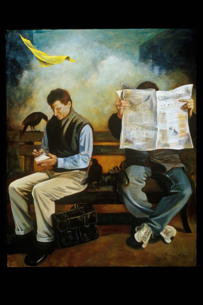 DESCRIBING: An image of a horizontal painting, showing two men sitting on a bench. DESCRIPTION: Two men are seated on a bench. The one on the viewer's right is obscured by the unfolded newspaper he is reading and holding front of him, blocking a view of his face and torso. The other, on the viewer's left, is writing notes. He is looking down at his notebook as he writes, and a crow, perched on the bench nearby, also looks down at what he is doing. A second crow, on the bench seat between the men, looks up and appears to be squawking. A yellow cloth floats mid-air behind them. IN-DEPTH DESCRIPTION: The painting portrays a mysterious scene against a dreamy backdrop. On the viewer's left, a man dressed in a light blue shirt and gray vest smiles while writing in a small notepad. He is surrounded by two black birds, one perched on the bench's backrest and the other near his left side, standing on a black satchel. Next to him, another man, partially concealed by a large open newspaper, wears a black jacket and jeans with white sneakers. A floating yellow piece of fabric between them adds a whimsical element to the piece, drifting in the cloudy sky.